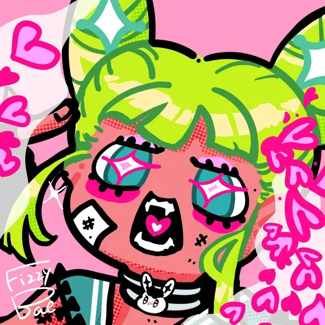 A lime-haired character portrait with bold pink lettering.