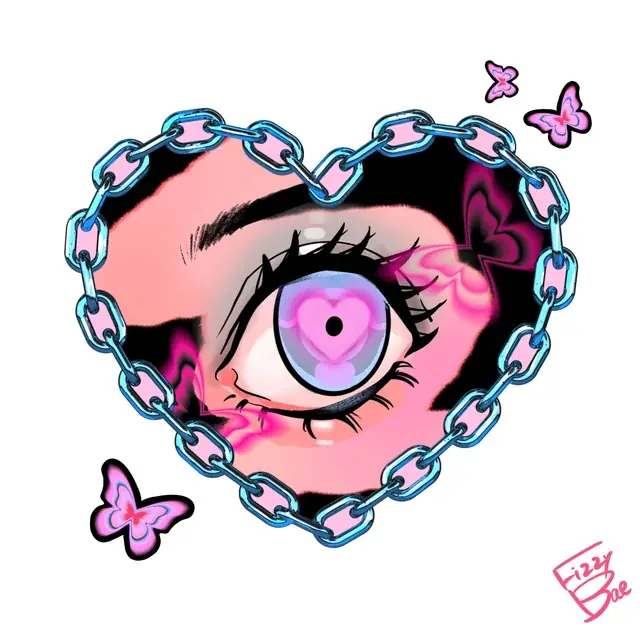 A pink eye inside a blue-chain heart frame, with butterflies and a small artist signature.