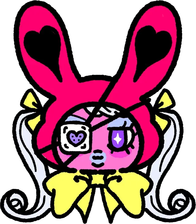 Bunny Bae with hot-pink rabbit ears, silver curls, a playing-card eye patch, and a yellow bow.