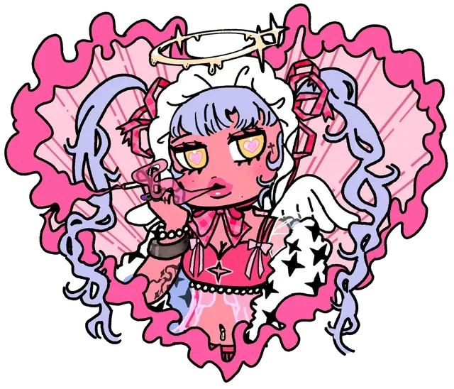A pale-haired character enclosed by an ornate pink heart.