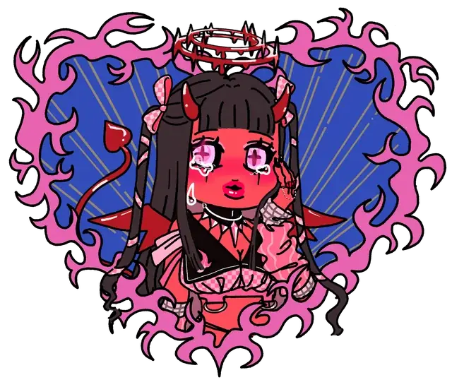 A dark-haired character enclosed by an ornate pink heart.