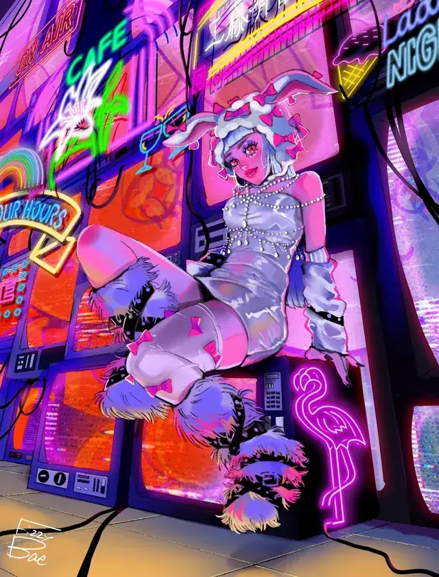 A silver-haired character in a futuristic outfit sitting among vivid pink, blue, and yellow neon signs in a city at night.