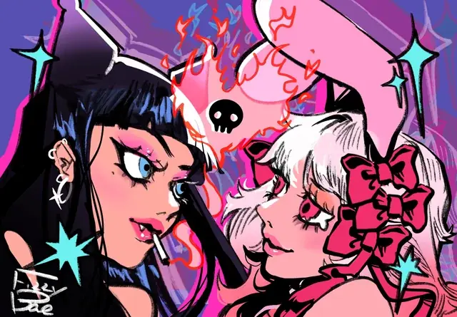 A black-haired and white-haired character face each other in an angular pink and purple composition.