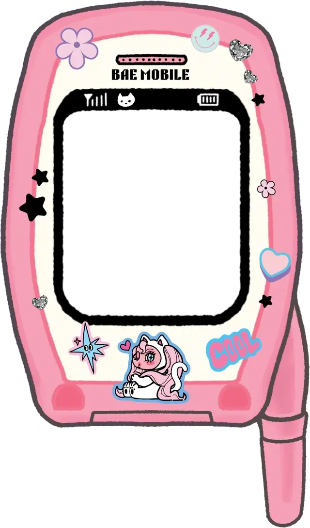 A pink illustrated mobile phone with a heart antenna.