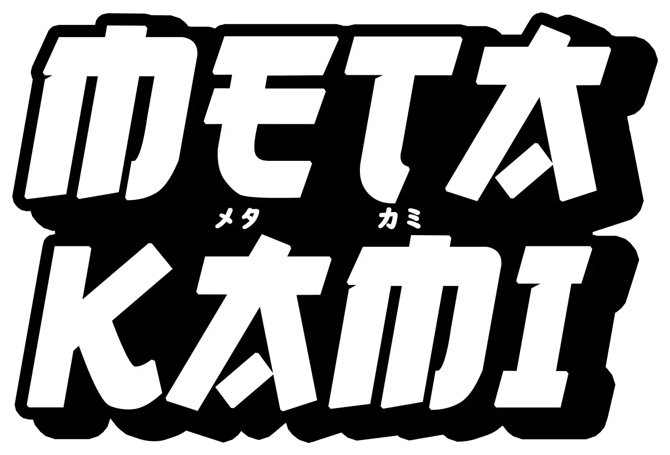 Final METAKAMI logo, white stacked letterforms with a heavy black outline
