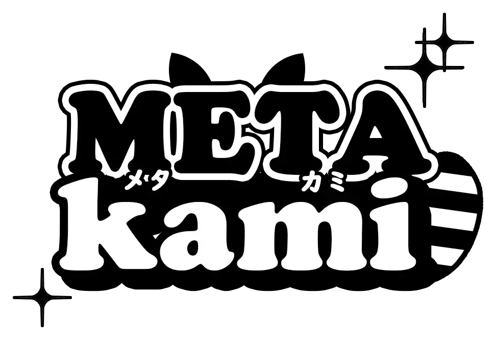 Playful serif METAKAMI logo with ears, tail, and stars