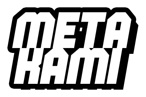 Slanted stacked METAKAMI wordmark with a black outline
