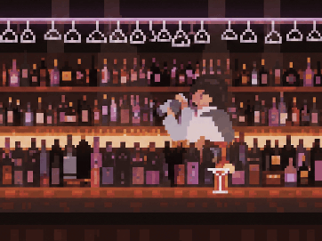 Classic animated pixel bar with shelves, drinks and bartender