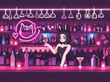 Cute animated pixel bar with shelves, drinks and bartender