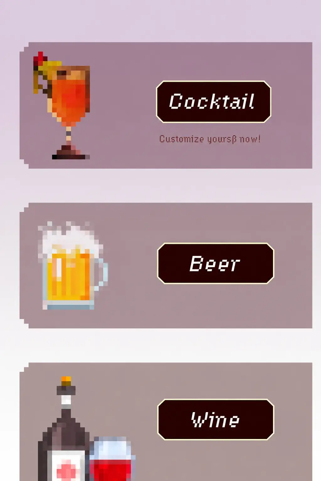 Classic — Drink categories, original pixel interface artwork