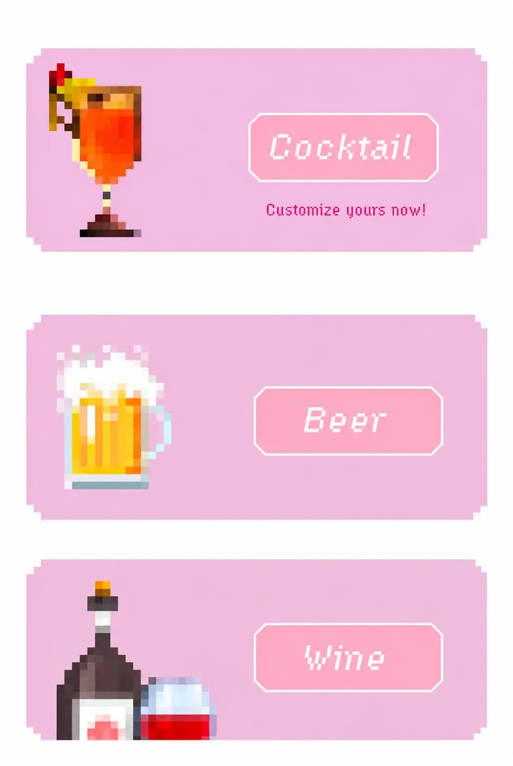 Cute — Drink categories, original pixel interface artwork