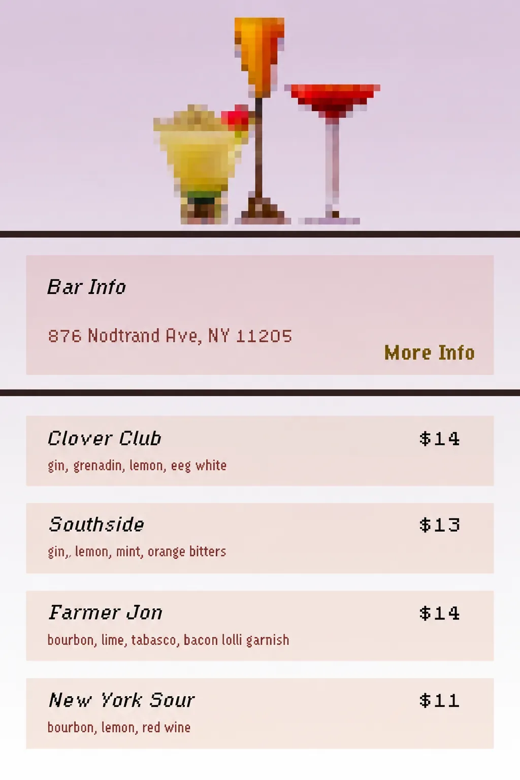 Classic — Cocktail menu, original pixel interface artwork