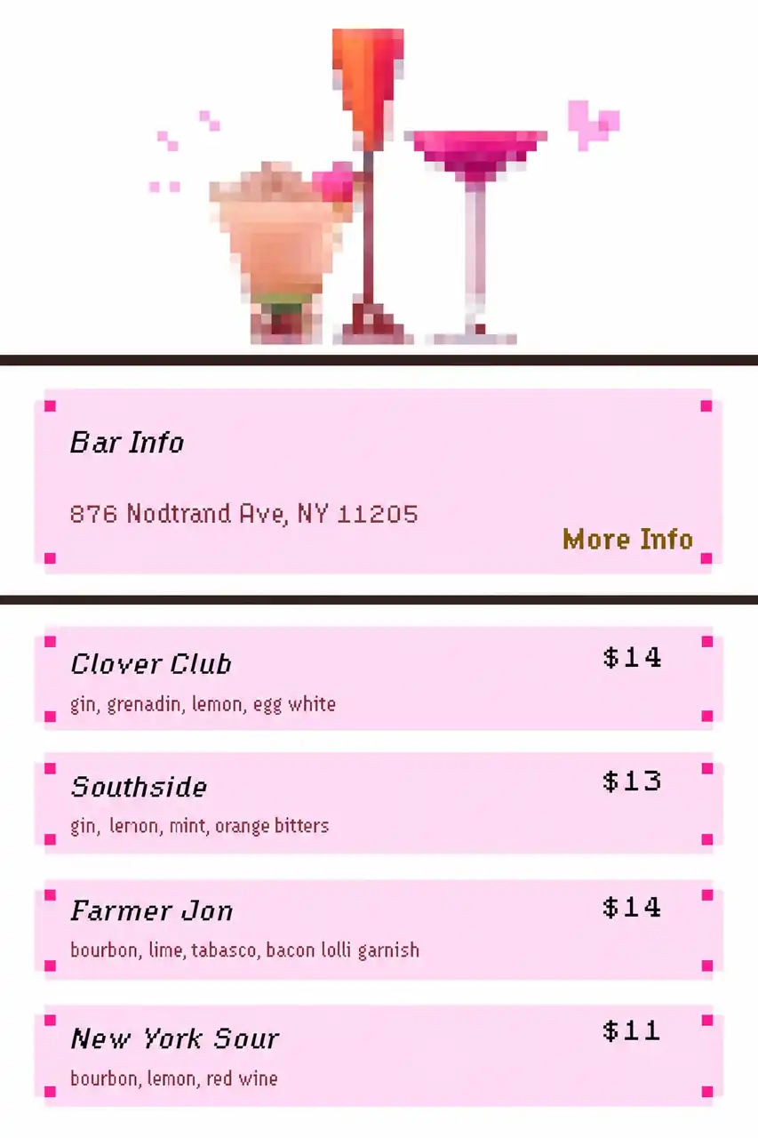 Cute — Cocktail menu, original pixel interface artwork